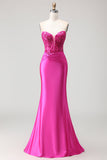 Vestito da ballo lungo da ballo con corsetto plissettato Fucsia Mermaid Sweetheart e Pizzo Con Dietro