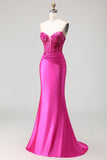 Vestito da ballo lungo da ballo con corsetto plissettato Fucsia Mermaid Sweetheart e Pizzo Con Dietro