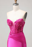 Vestito da ballo lungo da ballo con corsetto plissettato Fucsia Mermaid Sweetheart e Pizzo Con Dietro