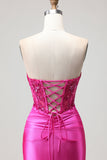 Vestito da ballo lungo da ballo con corsetto plissettato Fucsia Mermaid Sweetheart e Pizzo Con Dietro