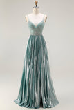 Metallic Grey Green A Line Pleted Beaded Abito da ballo lungo con fessura