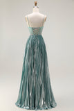 Metallic Grey Green A Line Pleted Beaded Abito da ballo lungo con fessura