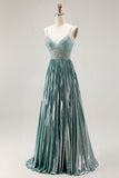 Metallic Grey Green A Line Pleted Beaded Abito da ballo lungo con fessura