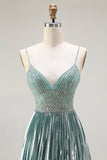 Metallic Grey Green A Line Pleted Beaded Abito da ballo lungo con fessura