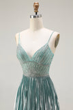 Metallic Grey Green A Line Pleted Beaded Abito da ballo lungo con fessura