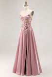 Sweetheart A Line Appliqued grigio rosa lungo Prom Dress con fessura