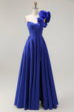 Royal Blue One Spalla Corsetto A Line Satin Abito da ballo lungo con fessura