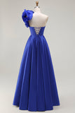 Royal Blue One Spalla Corsetto A Line Satin Abito da ballo lungo con fessura