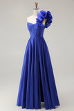 Royal Blue One Spalla Corsetto A Line Satin Abito da ballo lungo con fessura