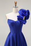 Royal Blue One Spalla Corsetto A Line Satin Abito da ballo lungo con fessura
