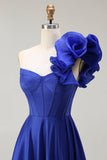 Royal Blue One Spalla Corsetto A Line Satin Abito da ballo lungo con fessura