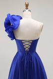 Royal Blue One Spalla Corsetto A Line Satin Abito da ballo lungo con fessura