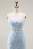Sirena blu Spaghetti Straps corsetto pizzo perline lungo Prom Dress con fessura
