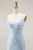 Sirena blu Spaghetti Straps corsetto pizzo perline lungo Prom Dress con fessura