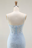 Sirena blu Spaghetti Straps corsetto pizzo perline lungo Prom Dress con fessura