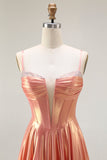 Metallic Orange A Line Corsetto Beaded Abito da ballo lungo con lacci sul retro