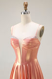 Metallic Orange A Line Corsetto Beaded Abito da ballo lungo con lacci sul retro