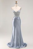 grigio blu sirena perline corsetto lungo abito da ballo con appliques