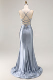 grigio blu sirena perline corsetto lungo abito da ballo con appliques