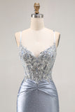 grigio blu sirena perline corsetto lungo abito da ballo con appliques