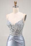 grigio blu sirena perline corsetto lungo abito da ballo con appliques