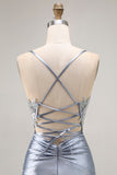 grigio blu sirena perline corsetto lungo abito da ballo con appliques