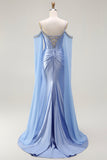 Blue Mermaid Cold Shoulder Beaded Corsetto convertibile Abito da ballo lungo con maniche a mantella