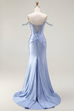 Blue Mermaid Cold Shoulder Beaded Corsetto convertibile Abito da ballo lungo con maniche a mantella