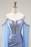 Blue Mermaid Cold Shoulder Beaded Corsetto convertibile Abito da ballo lungo con maniche a mantella
