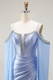 Blue Mermaid Cold Shoulder Beaded Corsetto convertibile Abito da ballo lungo con maniche a mantella
