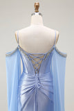 Blue Mermaid Cold Shoulder Beaded Corsetto convertibile Abito da ballo lungo con maniche a mantella