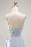 Azzurro sirena appliqued corsetto lungo abito da ballo con fessura
