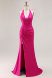 Fucsia Halter Increspato Mermaid Abito lungo da ballo con fessura