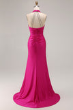 Fucsia Halter Increspato Mermaid Abito lungo da ballo con fessura