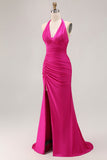 Fucsia Halter Increspato Mermaid Abito lungo da ballo con fessura