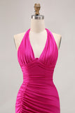 Fucsia Halter Increspato Mermaid Abito lungo da ballo con fessura