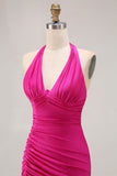 Fucsia Halter Increspato Mermaid Abito lungo da ballo con fessura