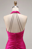 Fucsia Halter Increspato Mermaid Abito lungo da ballo con fessura