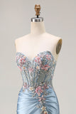 grigio blu sirena fidanzata corsetto applicato corsetto in rilievo lungo abito da ballo con fessura