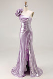 Metallic Lilac One-spalla lungo Prom Dress con volant drappeggiato dettaglio