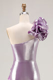 Metallic Lilac One-spalla lungo Prom Dress con volant drappeggiato dettaglio