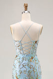 sirena lago corsetto blu paillettes lace up indietro abito lungo da ballo con fessura
