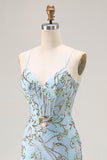 sirena lago corsetto blu paillettes lace up indietro abito lungo da ballo con fessura