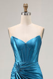 Royal Blue senza spalline increspato corsetto sirena perline lungo abito da ballo con fessura