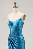 Royal Blue senza spalline increspato corsetto sirena perline lungo abito da ballo con fessura