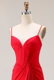 Rosso sirena corsetto spaghetti spalline increspato raso lungo abito da ballo