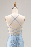 Azzurro increspato sirena lace up posteriore lungo abito da ballo con fessura