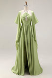 Salvia Verde A Line Satin Corsetto Keyhole Long Evenning Dress con Maniche ad Aletta