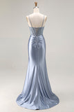 Grigio Blu Mermaid Corsetto Beaded Pleted Abito da ballo lungo con fessura