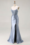 Grigio Blu Mermaid Corsetto Beaded Pleted Abito da ballo lungo con fessura